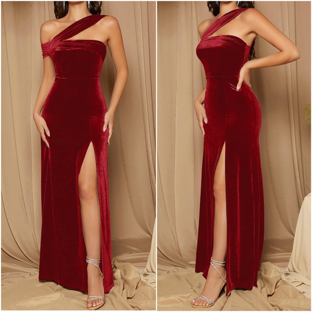 Luxe One Shoulder Velvet Evening Wedding Formal Maxi Dress - Picture 6 of 6